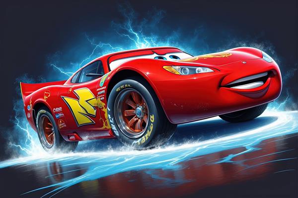 لایتنینگ مک‌کوئین با چرخ‌های چرخان در حال مسابقه، تصویرسازی گرافیکی سرعت و رقابت