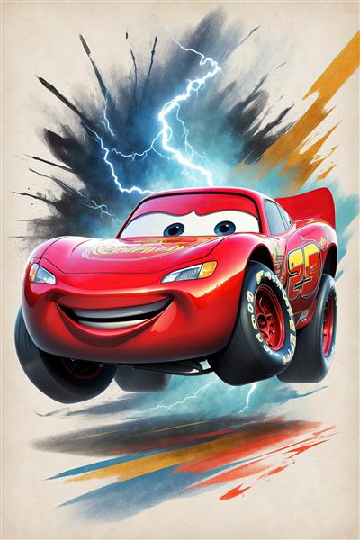 تصویر لایتنینگ مک‌کوئین در حال دریفت با دود، پس‌زمینه گرافیکی با افکت سرعت