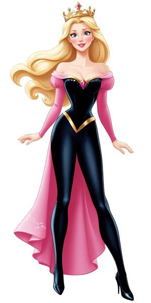 آرورا با لباس مشکی و لگینگ براق، آستین‌های بلند صورتی و تاج طلایی