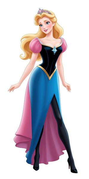 پرنسس آرورا با لباس شب آبی و مشکی، آستین پفی صورتی و جوراب شلواری، تصویر کلاسیک