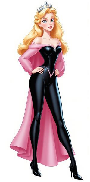 پرنسس آرورا با لباس مشکی یک‌تکه شنل و آستین توری صورتی