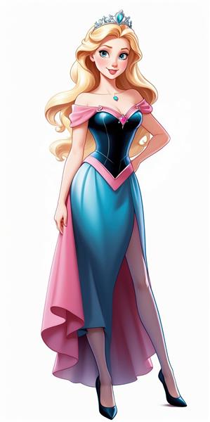 آرورای مدرن با دامن آبی و صورتی با برش بلند، جواهر قلبی صورتی