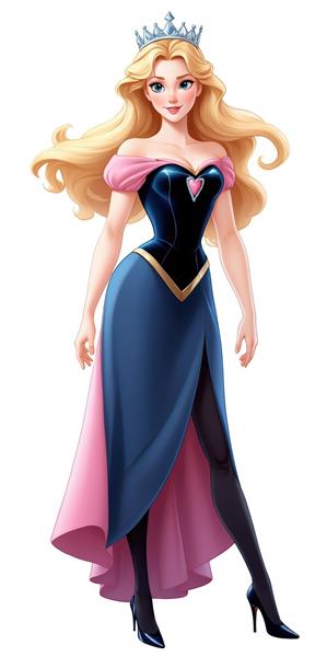 آرورا با لباس شب آبی و صورتی با برش بلند، لباس مشکی و تاج نقره‌ای