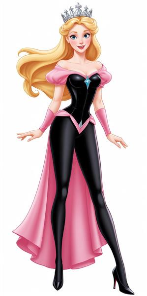 پرنسس آرورا با لباس مشکی تنگ و شنل صورتی