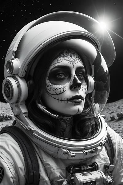 پرتره زن فضانورد با کلاه ایمنی و گریم جمجمه کالاورا، سیاه و سفید روی سطح ماه