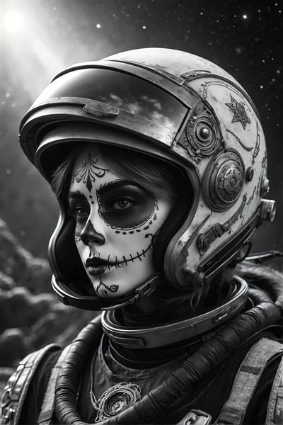 نمای نزدیک از زن فضانورد با کلاه ایمنی جزئیات‌دار و گریم هنری، پس‌زمینه ستاره‌ای