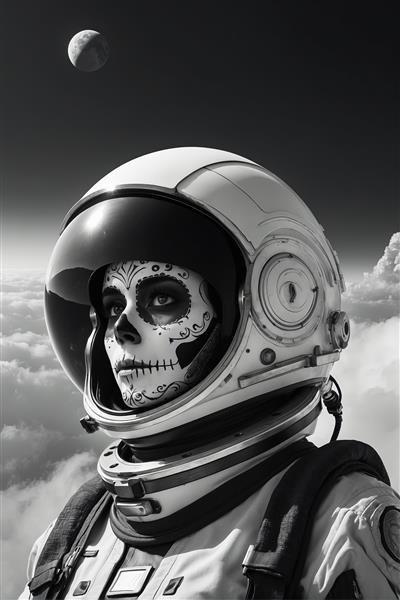 پرتره زن فضانورد با گریم جمجمه در کلاه ایمنی، ایستاده بر فراز ابرها با ماه در بالا