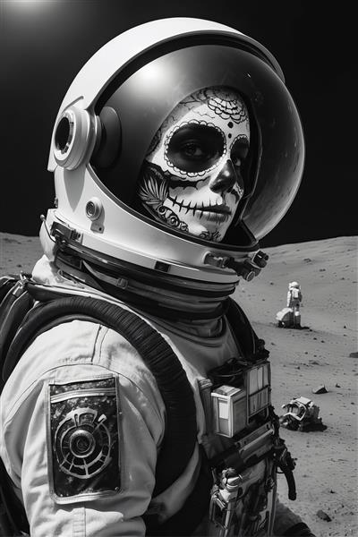 پرتره زن فضانورد با گریم کالاورا روی سطح ماه، لباس فضایی کلاسیک، پس‌زمینه سیاه و سفید