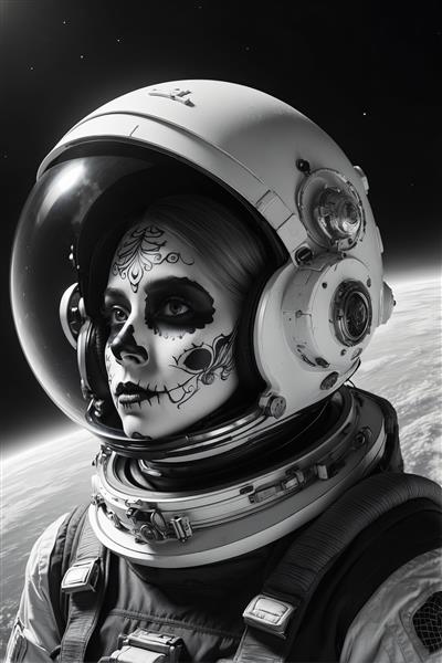 کلوزآپ زن فضانورد با کلاه ایمنی و گریم جذاب، در مدار زمین و پس‌زمینه فضای عمیق