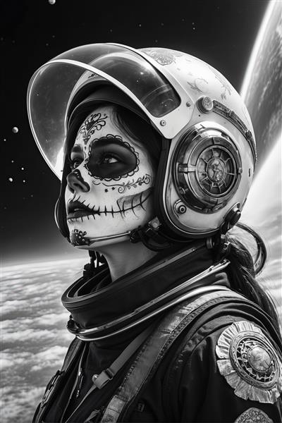 پرتره زن فضانورد با گریم شکر و نگاه رو به بالا، ایستاده بر فراز ابرها با سیاره در پس‌زمینه