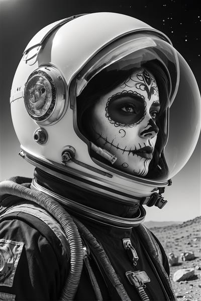 نمای جانبی زن فضانورد با گریم هنری در کلاه ایمنی، ایستاده در محیط بیابانی سیاره، سیاه و سفید