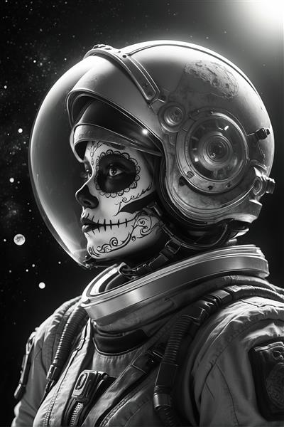 پرتره فضانورد زن با گریم کاترینا و لباس فضایی تیره، در فضای عمیق با ستاره‌ها، عکس کنتراست بالا