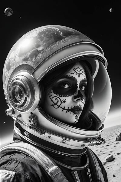 کلوزآپ زن فضانورد با گریم شکر در کلاه ایمنی، انعکاس زمین روی کلاه، صحنه فضای سیاه و سفید