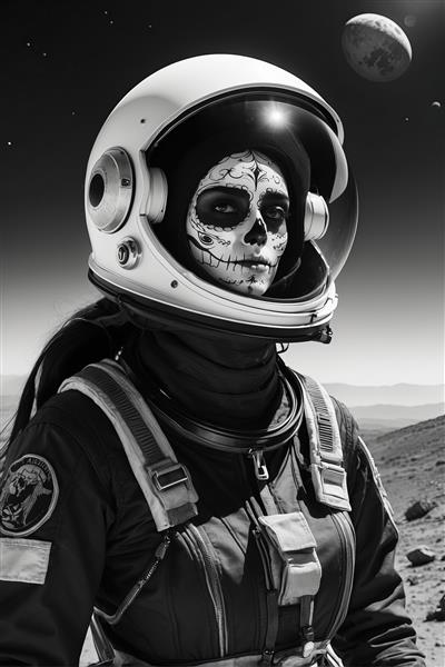 زن فضانورد با گریم Día de Muertos در کلاه ایمنی، ایستاده بر سطح مریخ یا سیاره‌ای دیگر، تصویر سیاه و سفید
