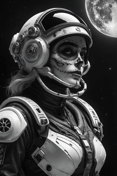پرتره زن فضانورد با کلاه باز و گریم جمجمه قندی، لباس فضایی مدرن با پس‌زمینه ستاره و ماه