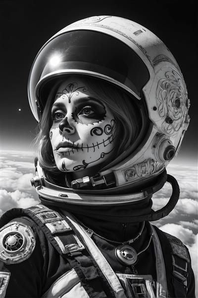 کلوزآپ زن فضانورد با گریم شکر در کلاه ایمنی، ایستاده بر فراز ابرها، عکس سیاه و سفید