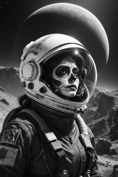 پرتره زن فضانورد با نقاشی صورت الهام گرفته از مکزیک (Calaca) روی سیاره‌ای نامعلوم، فضای تیره