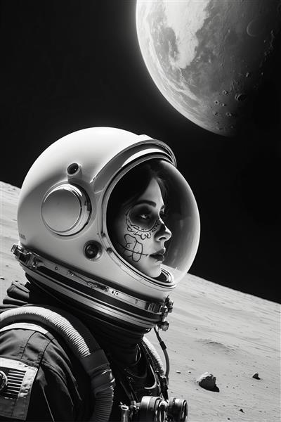 زن فضانورد با گریم جمجمه شکر (کالاورا) روی سطح ماه، عکس فضایی سیاه و سفید