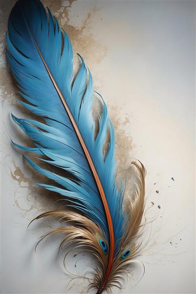 پر آبی و قهوه‌ای با چشم طاووس، طراحی دکوراتیو با لکه جوهر روی پس‌زمینه روشن