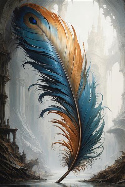 تصویرسازی پر بزرگ دو رنگ (آبی و قهوه‌ای) با جزئیات چشم طاووس، پس‌زمینه سالن متروکه