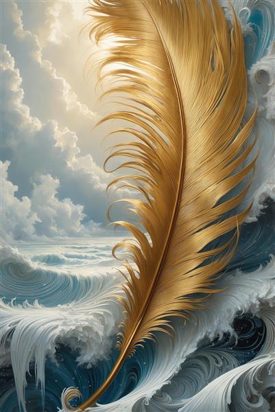 پر طلایی لوکس در میان امواج خروشان اقیانوس، تصویرسازی قدرتمند از عناصر طبیعت