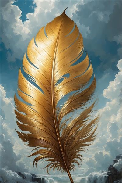 پرطلایی درخشان و عظیم در آسمان آبی با ابرها، هنر دیجیتال فانتزی با نورپردازی دراماتیک