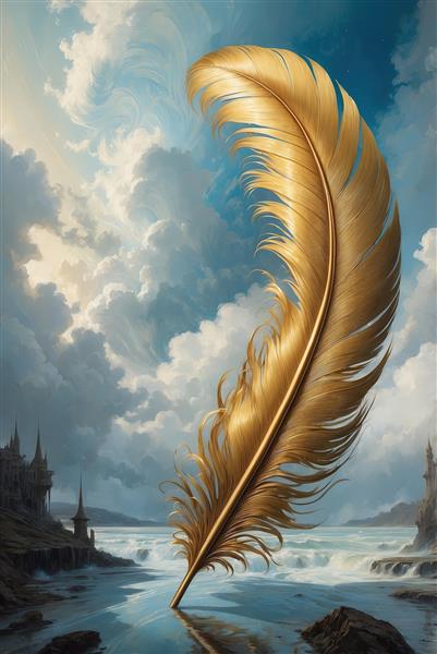 تصویرسازی فانتزی پر طلایی بزرگ در حال فرو رفتن در آب، بک‌گراند آبشار و آسمان ابری