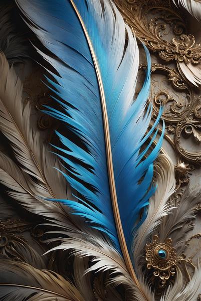 تصویر کلوزآپ هنری از پر بزرگ آبی با تزئینات طلایی و پرهای سفید، پس‌زمینه مرمری مجلل