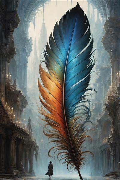 تصویرسازی فانتزی پر بزرگ رنگی (آبی و نارنجی) در صحنه شهر و ستون‌های باستانی، هنر دیجیتال