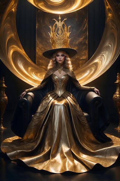 زن نشسته بر صندلی سلطنتی با تاج و شنل، لباس طلایی فاخر با جزئیات لوکس