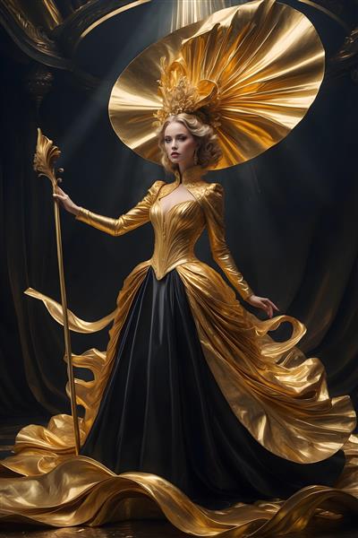 ملکه با لباس طلایی و مشکی پرجزئیات و کلاه آفتابی خاص، ژست قدرت در دربار اشرافی