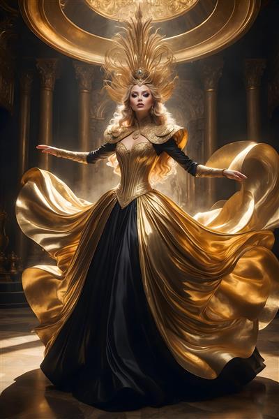 تصویر زن با لباس پرنسسی دامن پف‌دار طلایی و مشکی، لباس بالماسکه با تاج پر در سالن مجلل