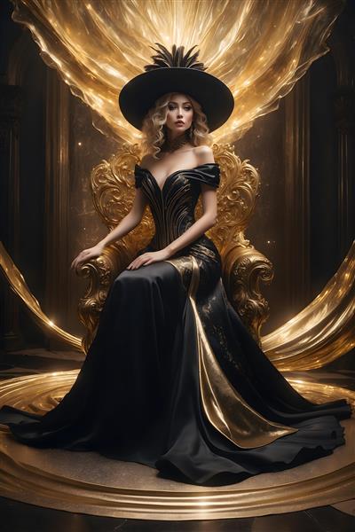 زن نشسته بر تخت سلطنت طلایی با لباس شب مشکی و تزئینات طلایی، عکس فشن لاکچری