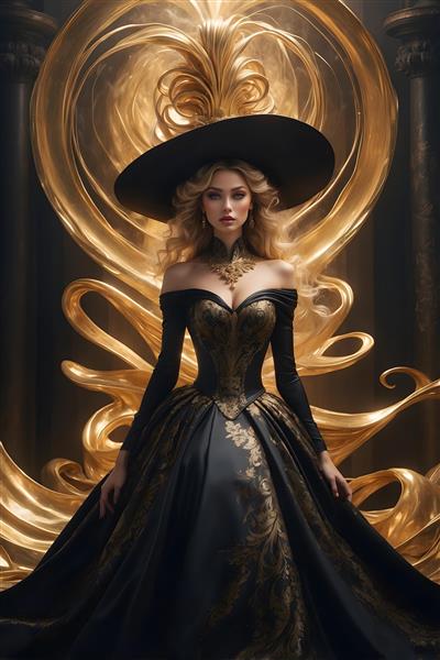 تصویر تمام‌قد مدل زن با لباس فاخر مشکی و طلایی و کلاه لبه پهن، ژست دراماتیک
