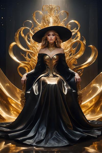 پرتره زن اشرافی با لباس دکلته مشکی با طرح طلایی و کلاه، پس‌زمینه مجلل طلایی