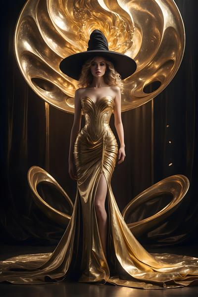 زن نشسته بر تخت سلطنتی طلایی با لباس شب مشکی و طلایی، عکس باکیفیت لوکس