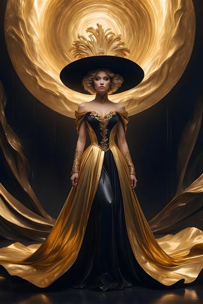 تصویر تمام‌قد زن با لباس ساتن طلایی و کلاه مشکی، پس‌زمینه انتزاعی طلایی باکیفیت بالا