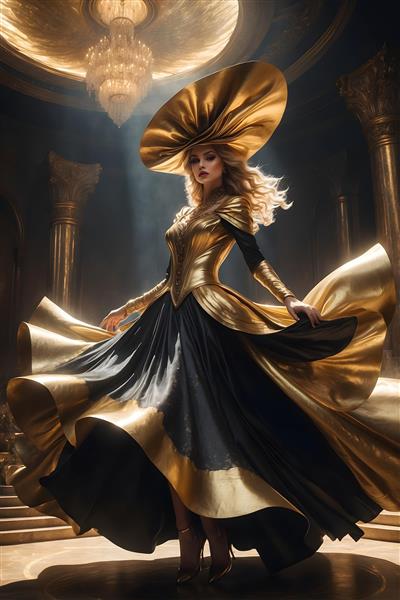 مدل زن با کلاه آفتابی بزرگ طلایی و لباس مجلسی دو رنگ، صحنه رقص در سالن مجلل