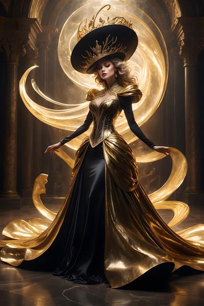 تصویر فشن زنانه در عمارت با لباس بالماسکه و کلاه، ترکیب رنگ طلایی و مشکی سلطنتی