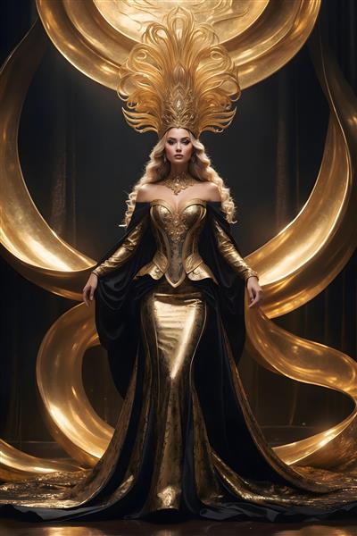 پرتره زن سلطنتی با تاج پردار طلایی و لباس مجلسی مشکی و طلایی در بک‌گراند لاکچری