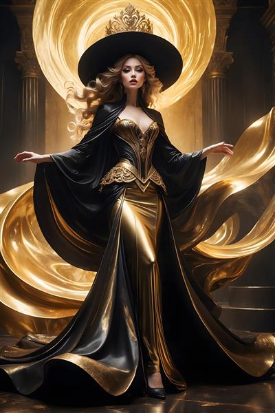 تصویر زن اشرافی با لباس مجلسی طلایی و مشکی دراماتیک، پس‌زمینه لوکس طلایی