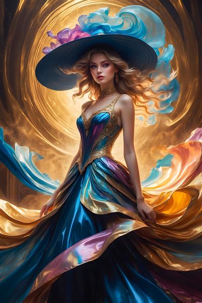 بانو با کلاه آبی و طلایی و لباس رنگی