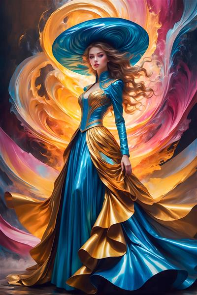 پرتره مجلسی با دامن آبی و طلایی