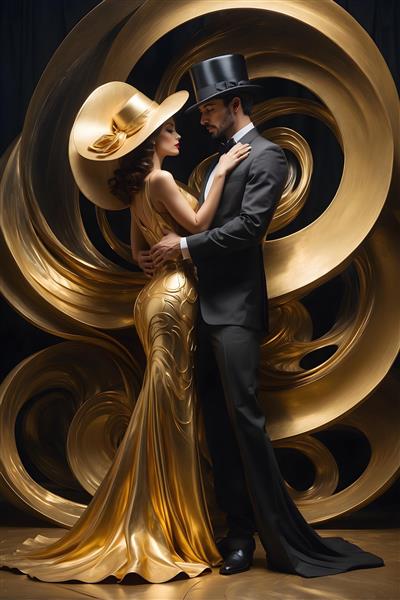 زوج شیک با لباس طلایی و کلاه