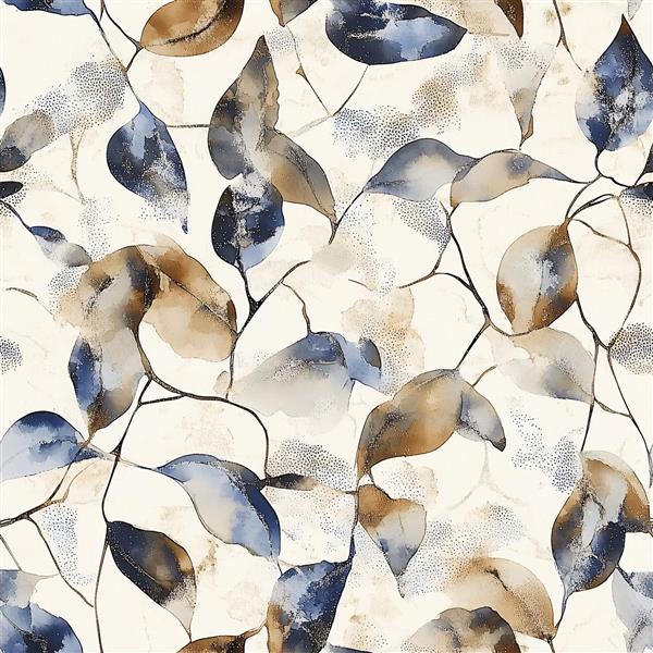 Modern Watercolor Leaves Seamless Pattern in Blue and Brown