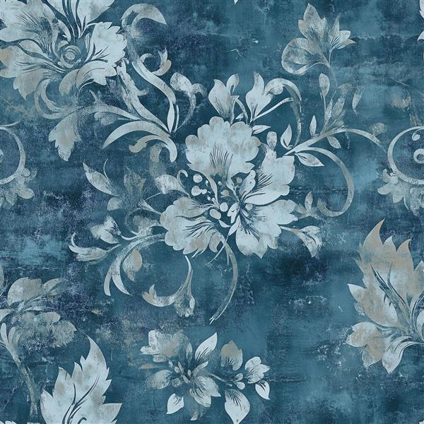 الگوی گلدار کلاسیک با پس‌زمینه آبی و بافت وینتیج