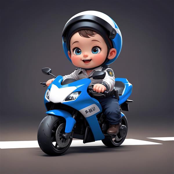 دانلود عکس کودک پلیس با لباس سفید و آبی سوار بر موتور سیکلت آبی و سفید طرح دکوراسیون