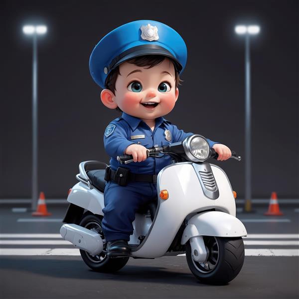 کارتون پسر بچه پلیس با کلاه آبی و اسکوتر سفید در پارکینگ یا خیابان تصویر فانتزی جذاب