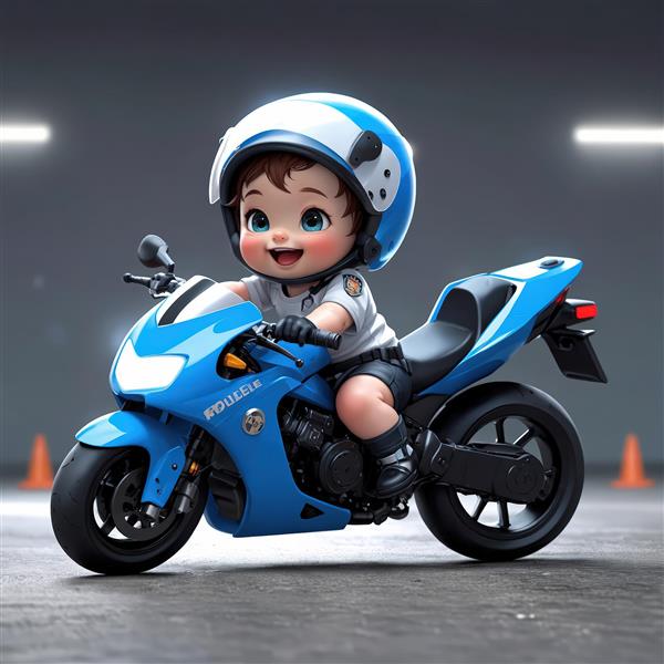 عکس کودک پلیس کلاه‌دار سوار بر موتور سیکلت آبی با پس‌زمینه پارکینگ طرح سئو بیس