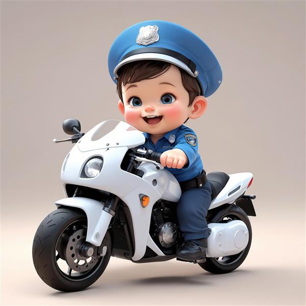 تصویر اورجینال کودک پلیس بدون کلاه سوار بر موتور سیکلت سفید مناسب طراحی و چاپ تابلو
